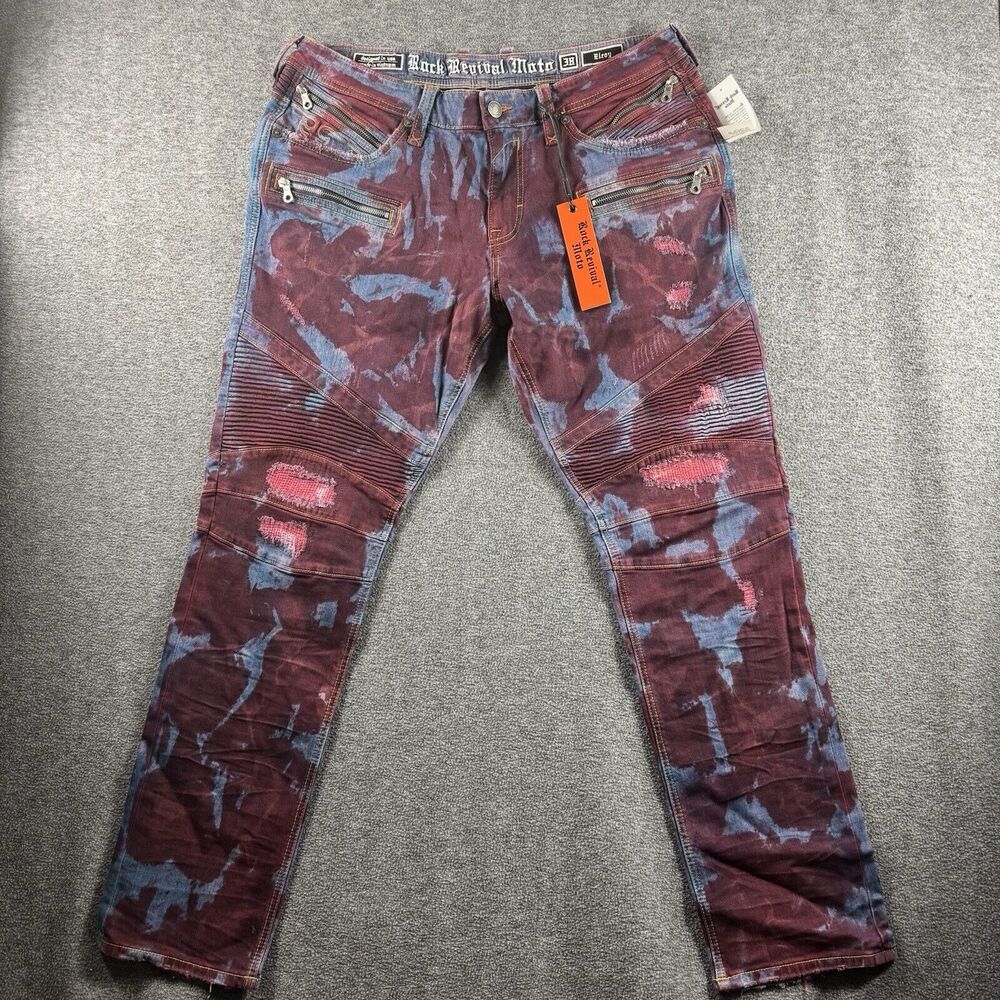 Rock Revival Elroy Skinny Moto Mens Acid Wash Biker Jeans Pant Size 38 X 34